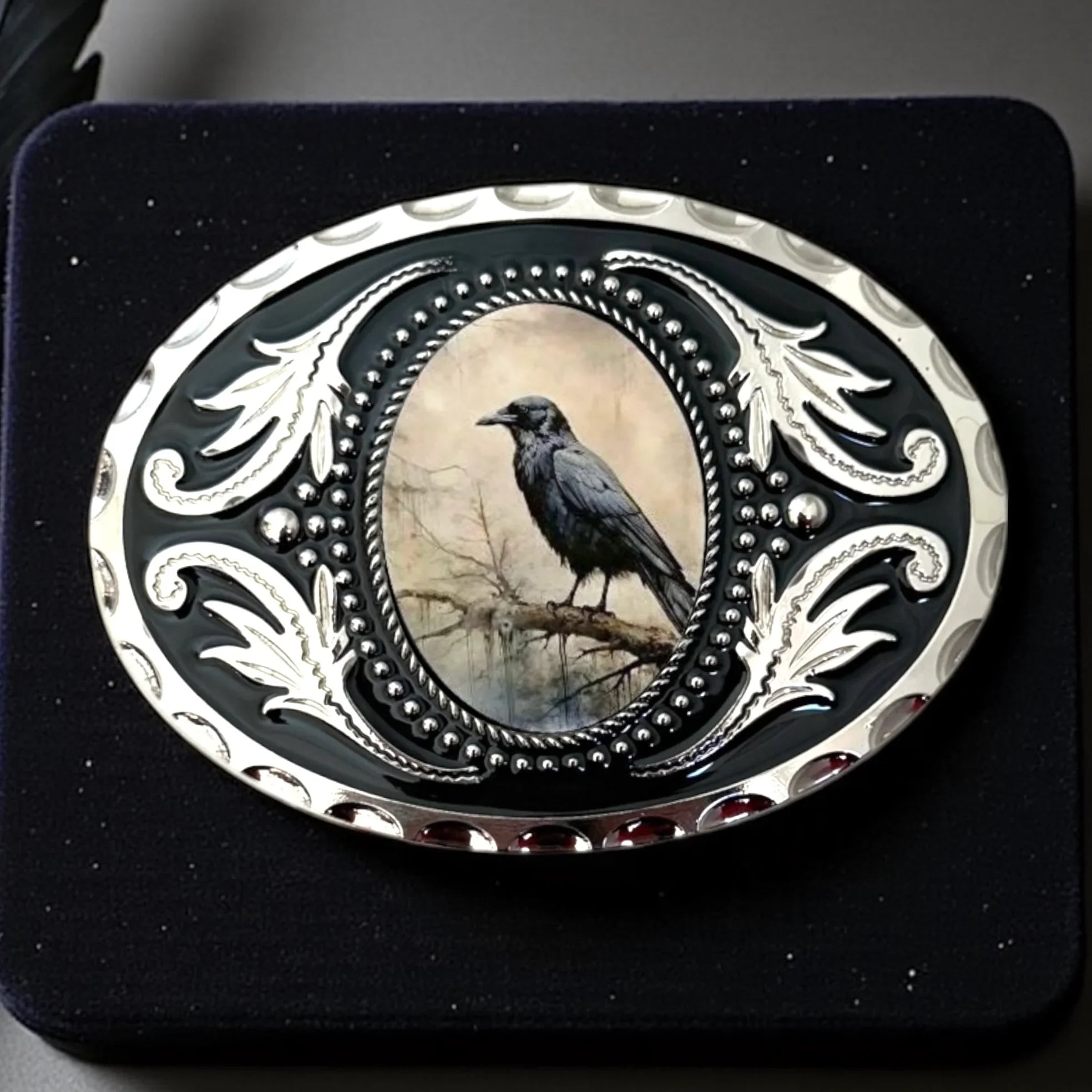 Belt buckle with a crow design on a black background for a wonderful belt buckle gift for him or her