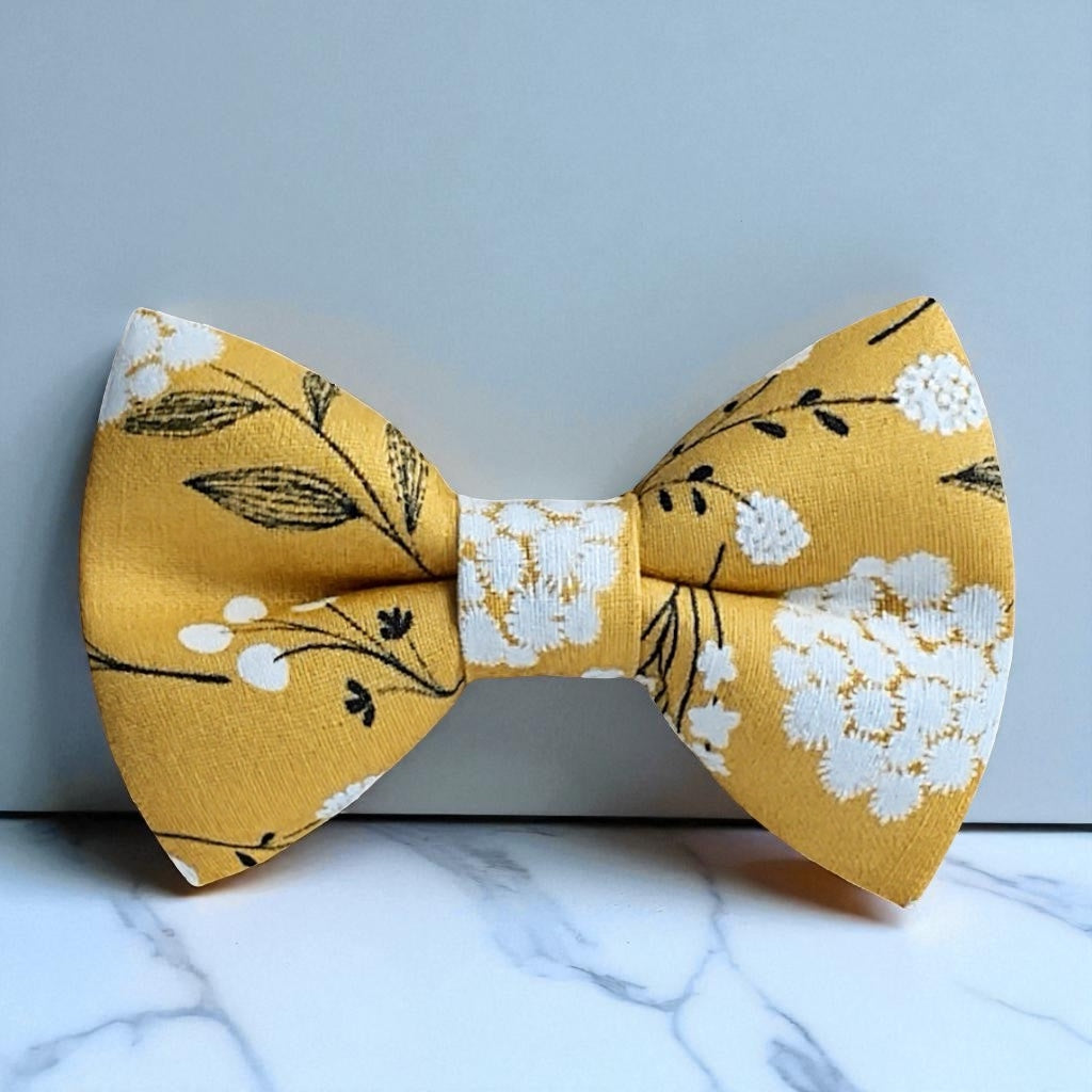Mustard Floral Bow Tie with White Flowers for Wedding Groomsmen and Ring Bearers