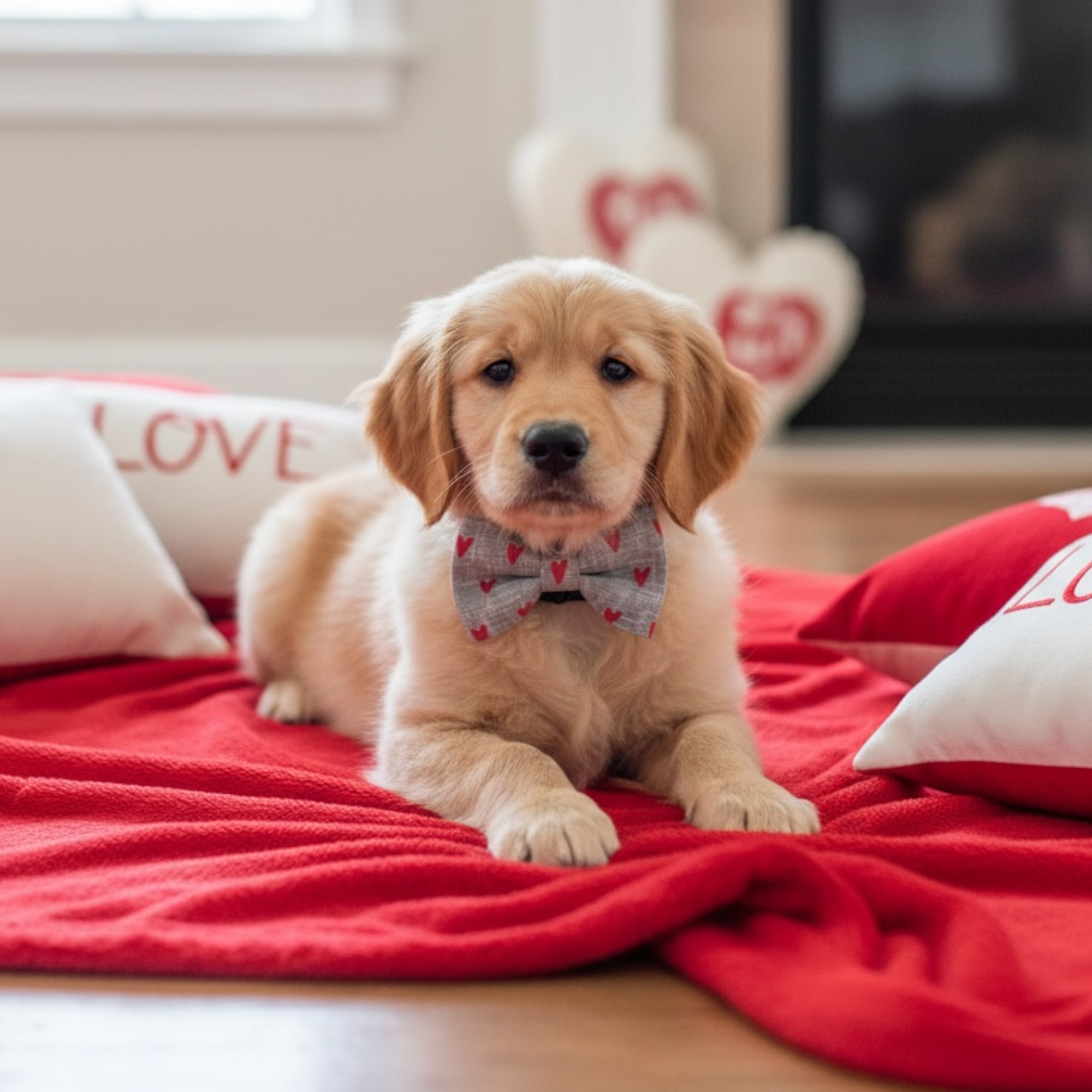 Puppy in a Valentines Day dog bow tie.