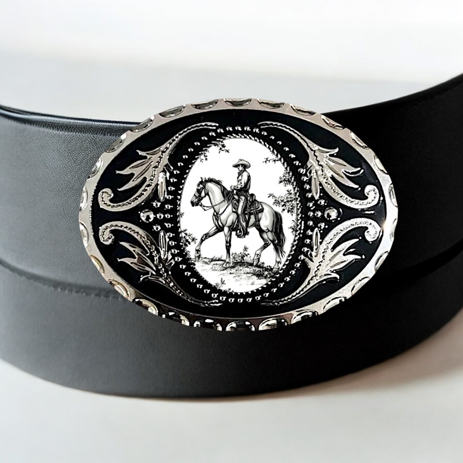 Men’s Belt Buckle with Cowboy, Western Accessory on black leather belt