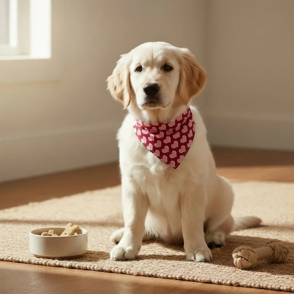 Valentines Day dog bandana with hearts in red and pink.