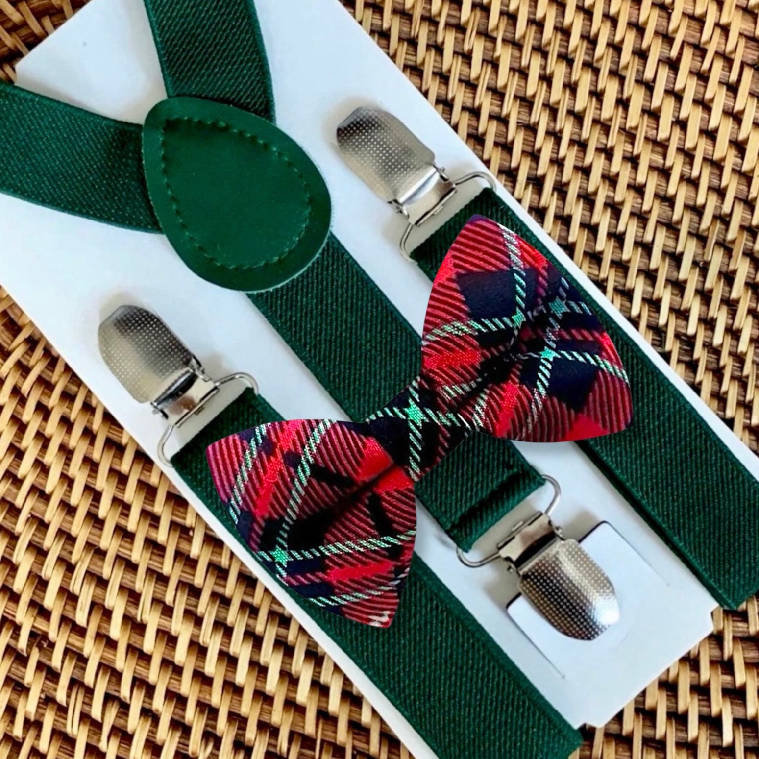 Christmas Bow Tie & Emerald Green Suspenders Set