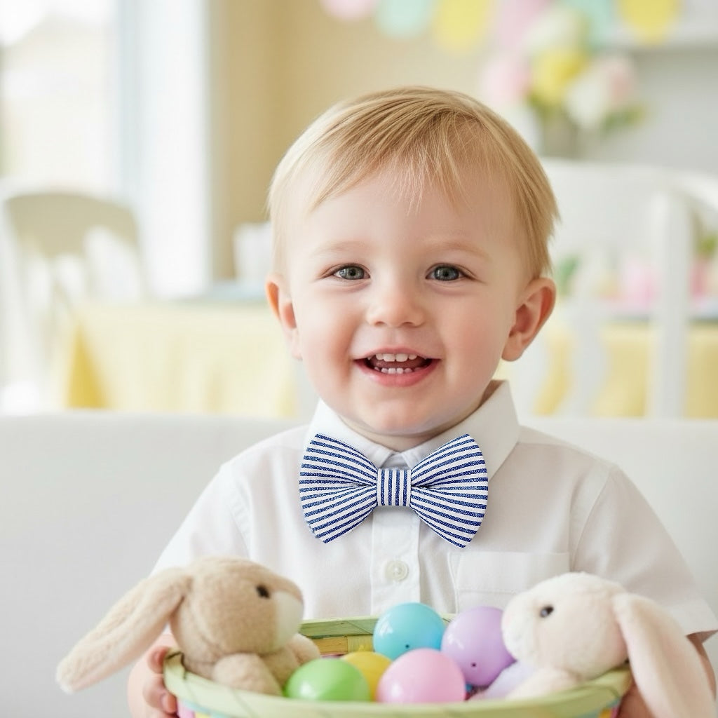 Toddler wearing a navy blue seersucker striped bow tie with Easter eggs and bunnies in a basket.