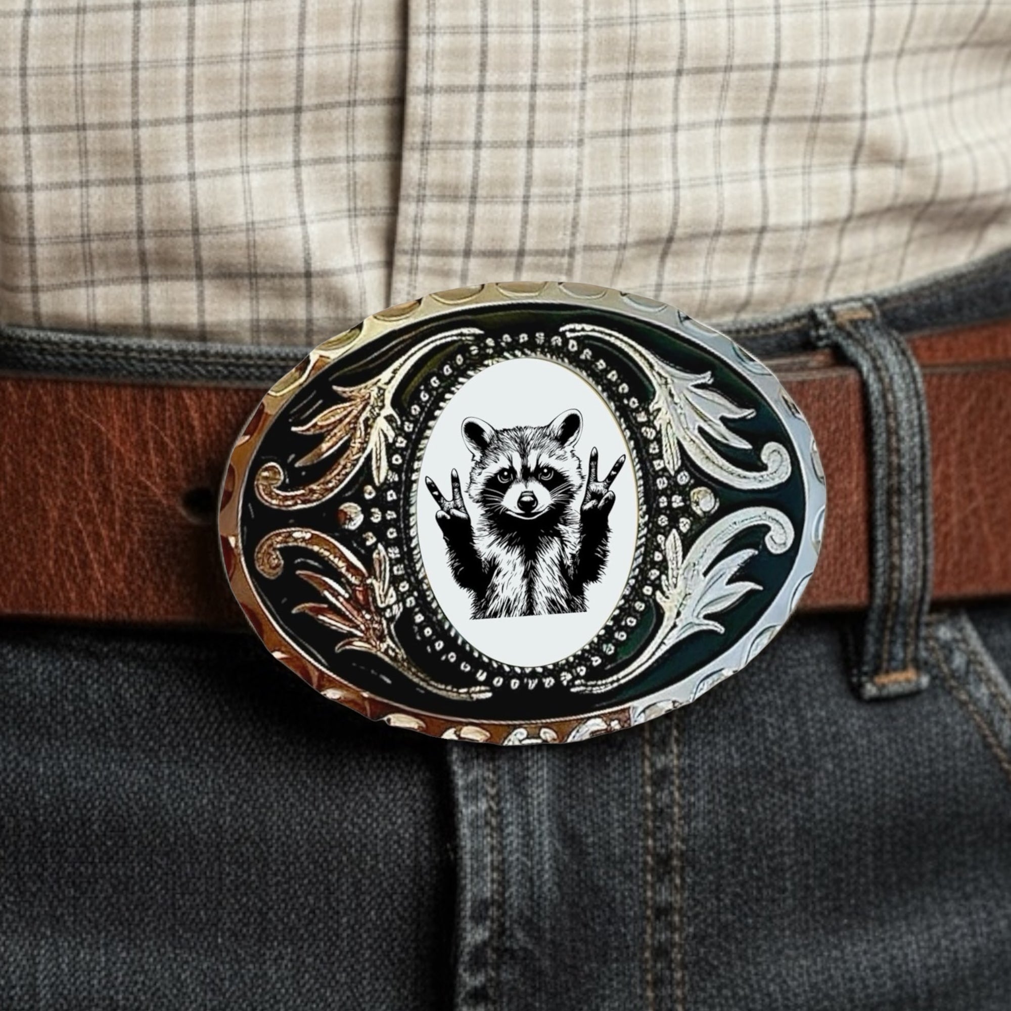 Raccoon Belt for men with a decorative buckle featuring a raccoon design, worn by a cowboy in a plaid shirt and jeans.