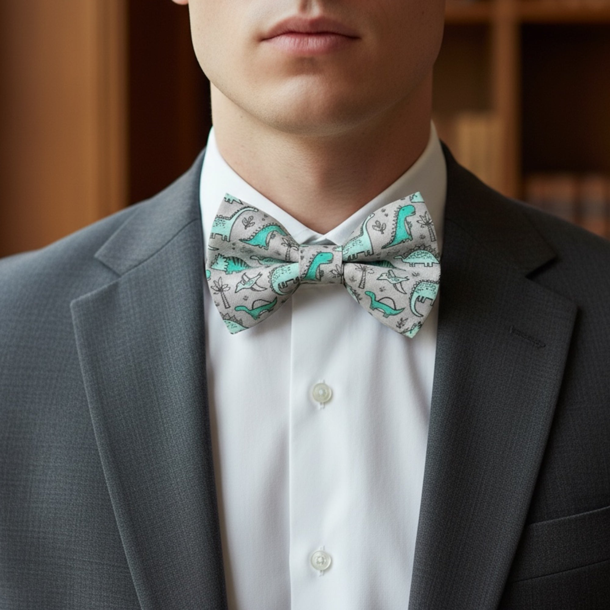 Dinosaur bow tie for men worn by a groomsman in a wedding.