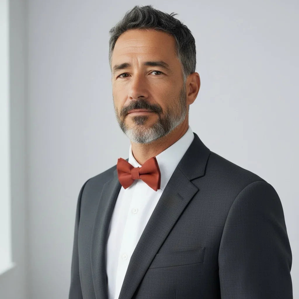 Burnt orange bow tie worn by a man in a suit.