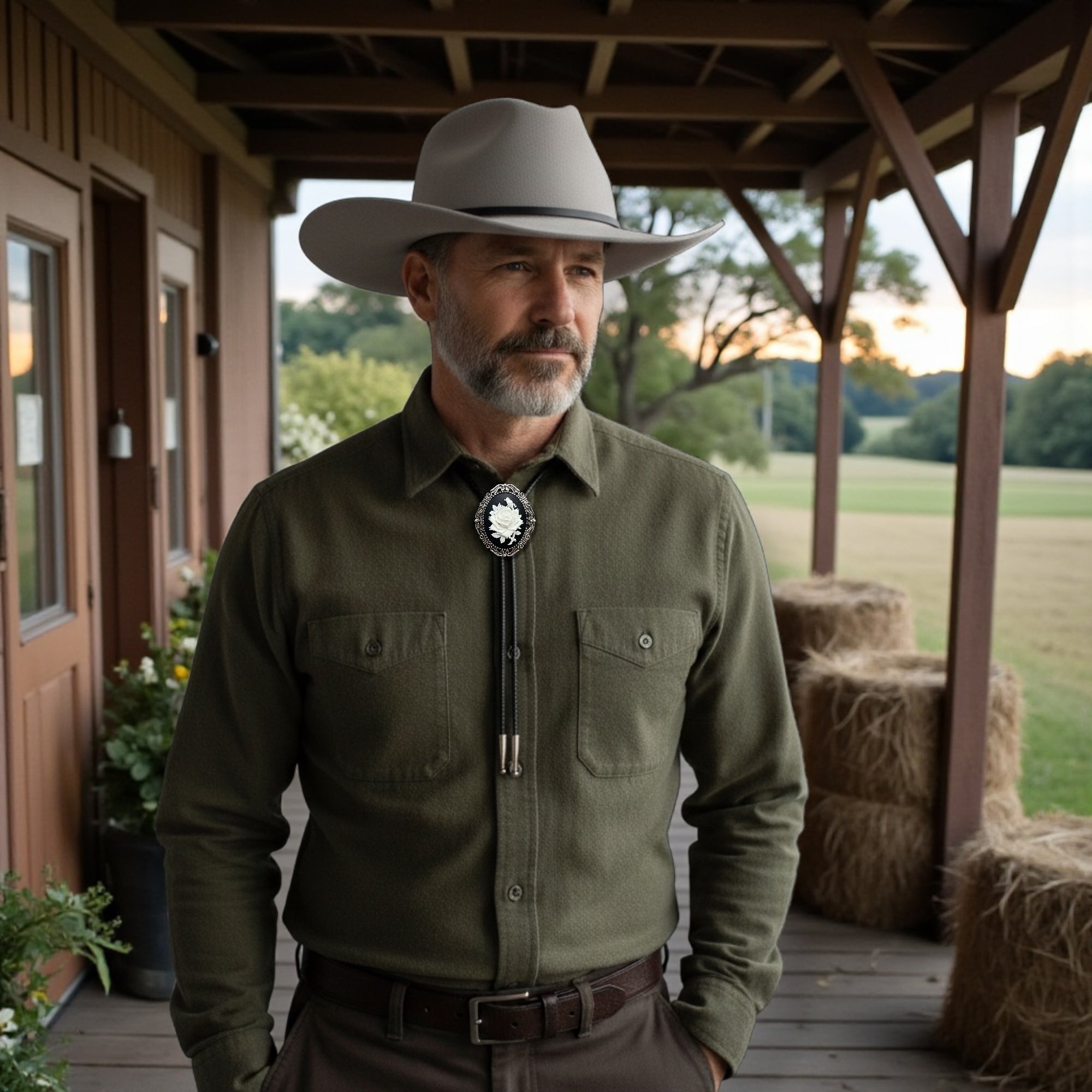 Man wearing a cowboy hat, bolo tie and green shirt on a wooden porch at a country wedding.