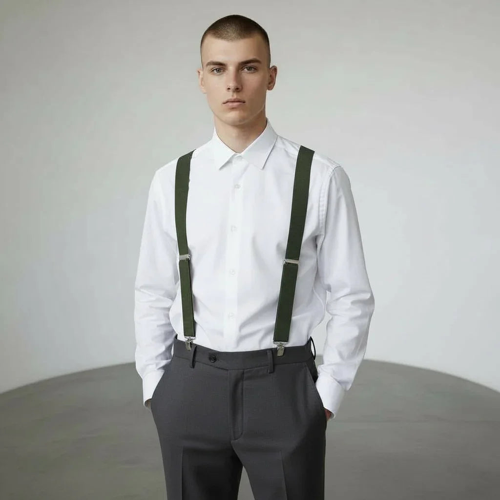 Olive green suspenders worn by a man in formal shirt and pants.