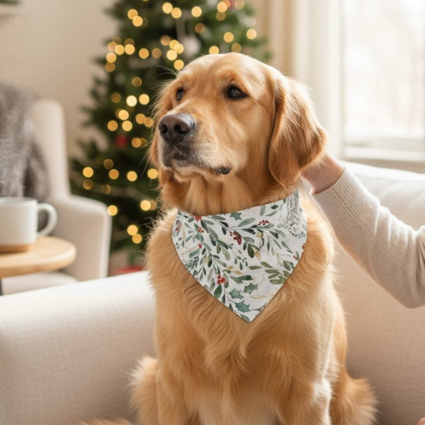 Woman petting a golden retriever wearing a  Christmas dog bandana in a cozy living room with a Christmas tree.
