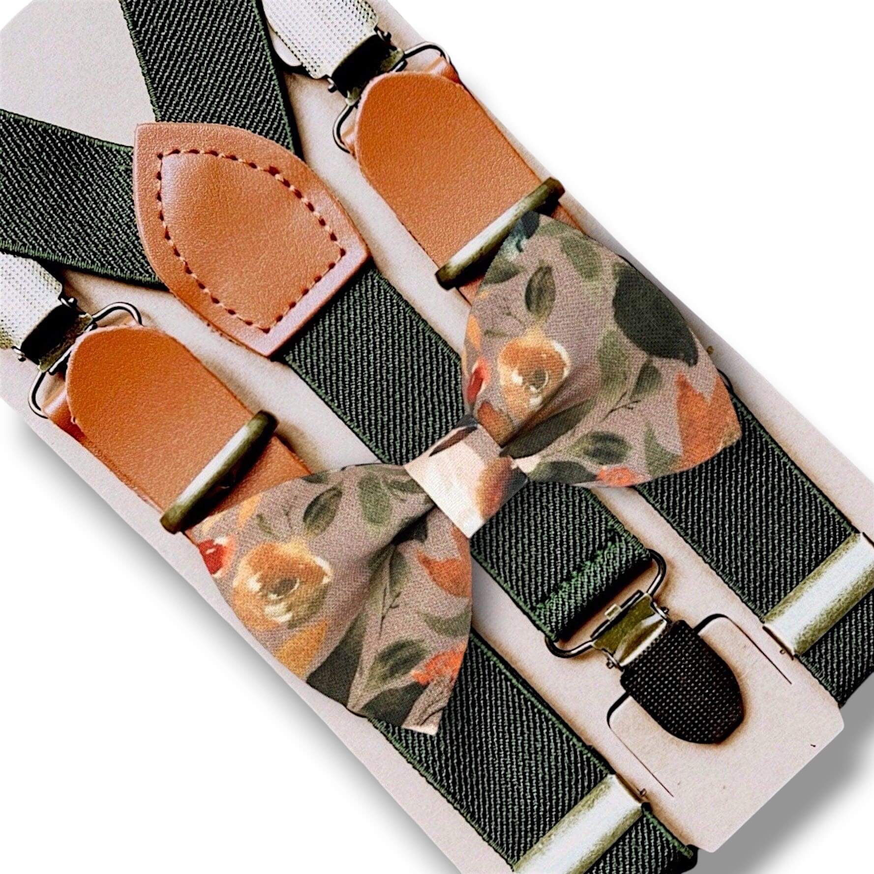 Taupe Autumn Floral Bow Tie & Olive Suspenders Set for men boys and toddlers.