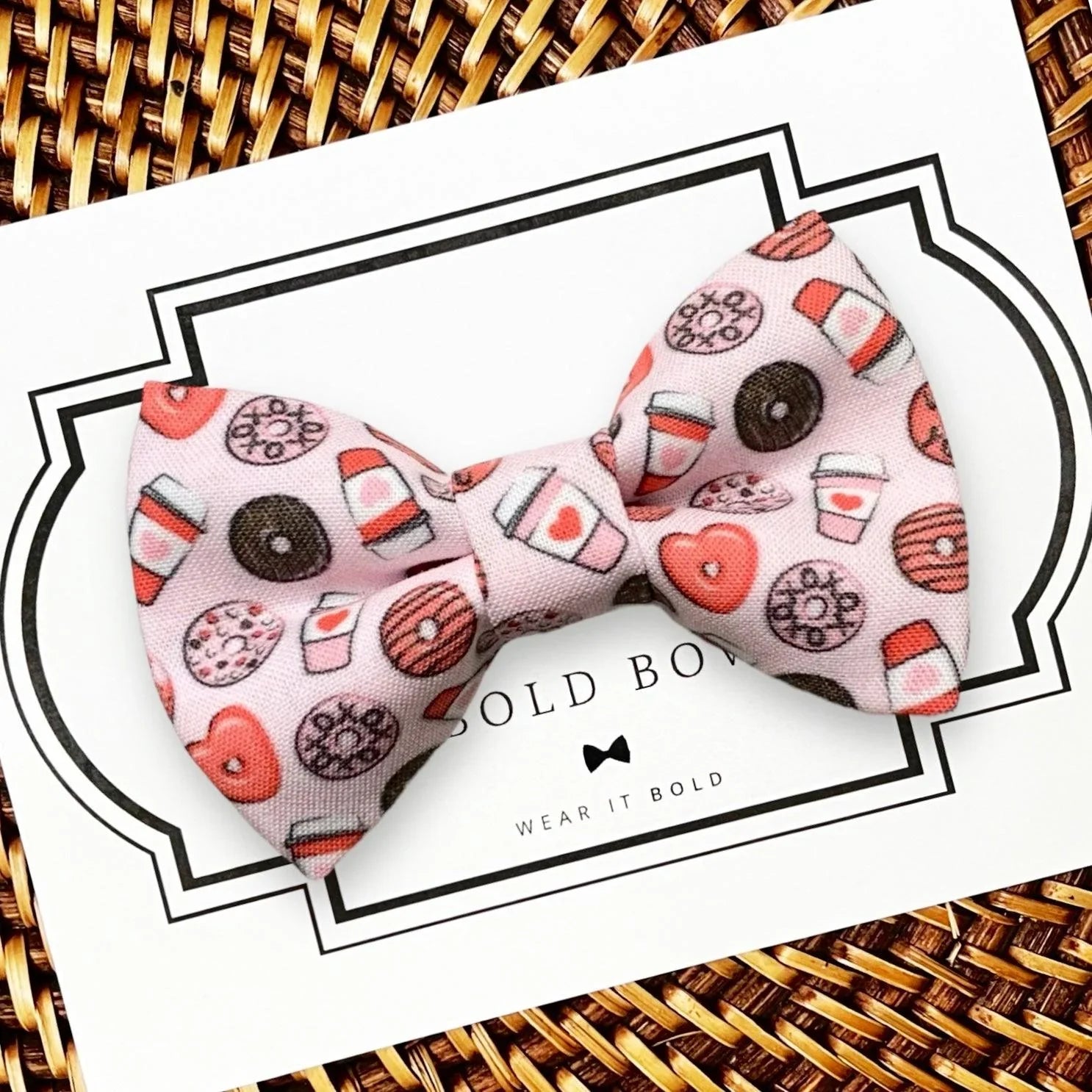 Valentine’s Day dog bowtie or cat bowtie with pink donuts.