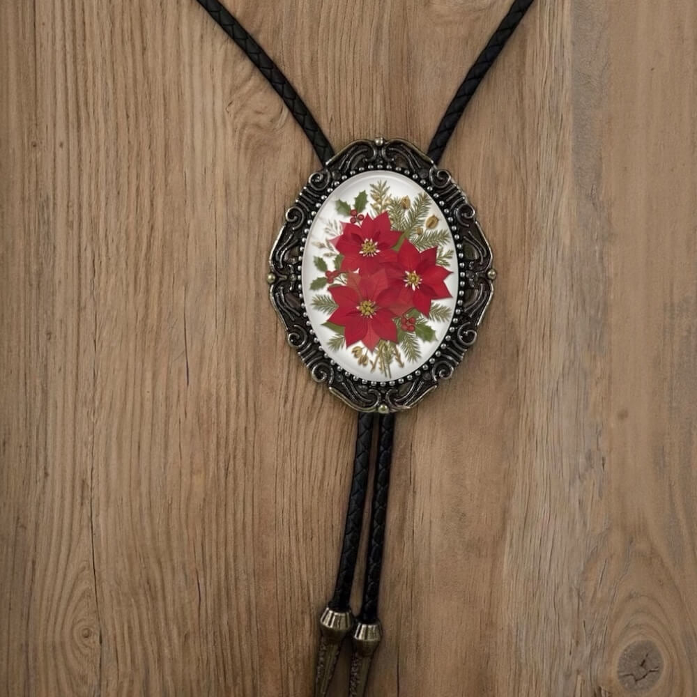 Christmas Bolo Tie with Poinsettia Floral Winter Wedding, Leather Cord
