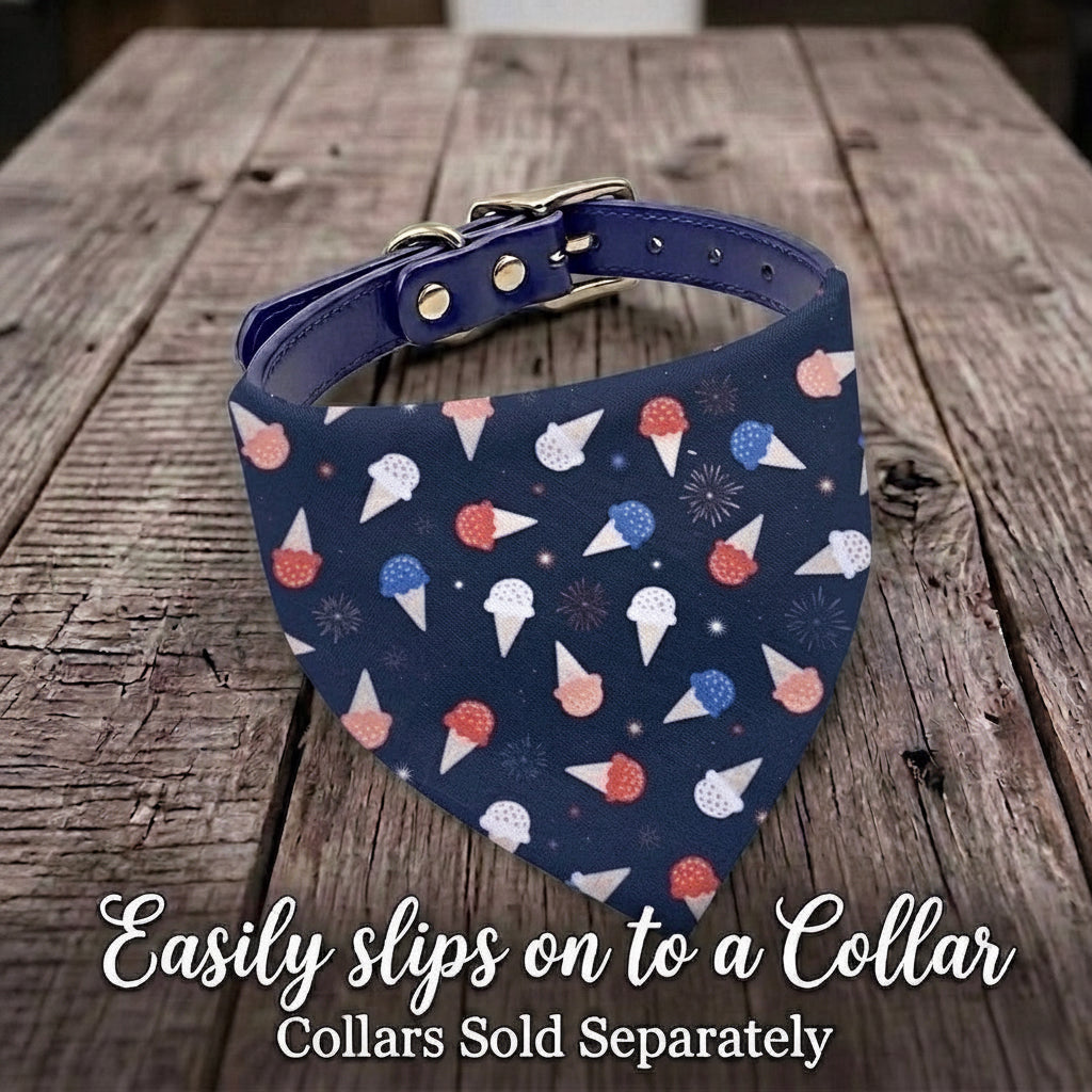 Fourth of July dog bandana with red white and blue ice cream with blue collar (sold separately).
