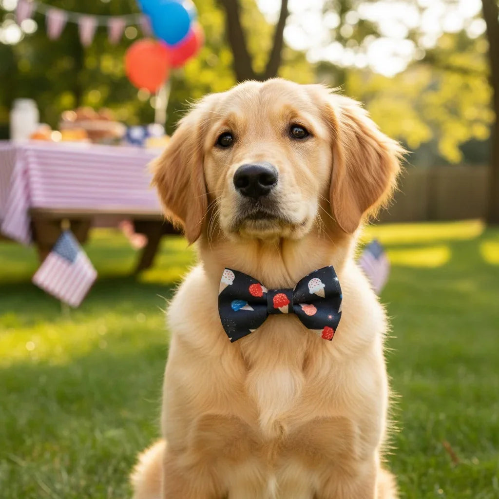 Fourth of July dog bow tie worn by a puppy.