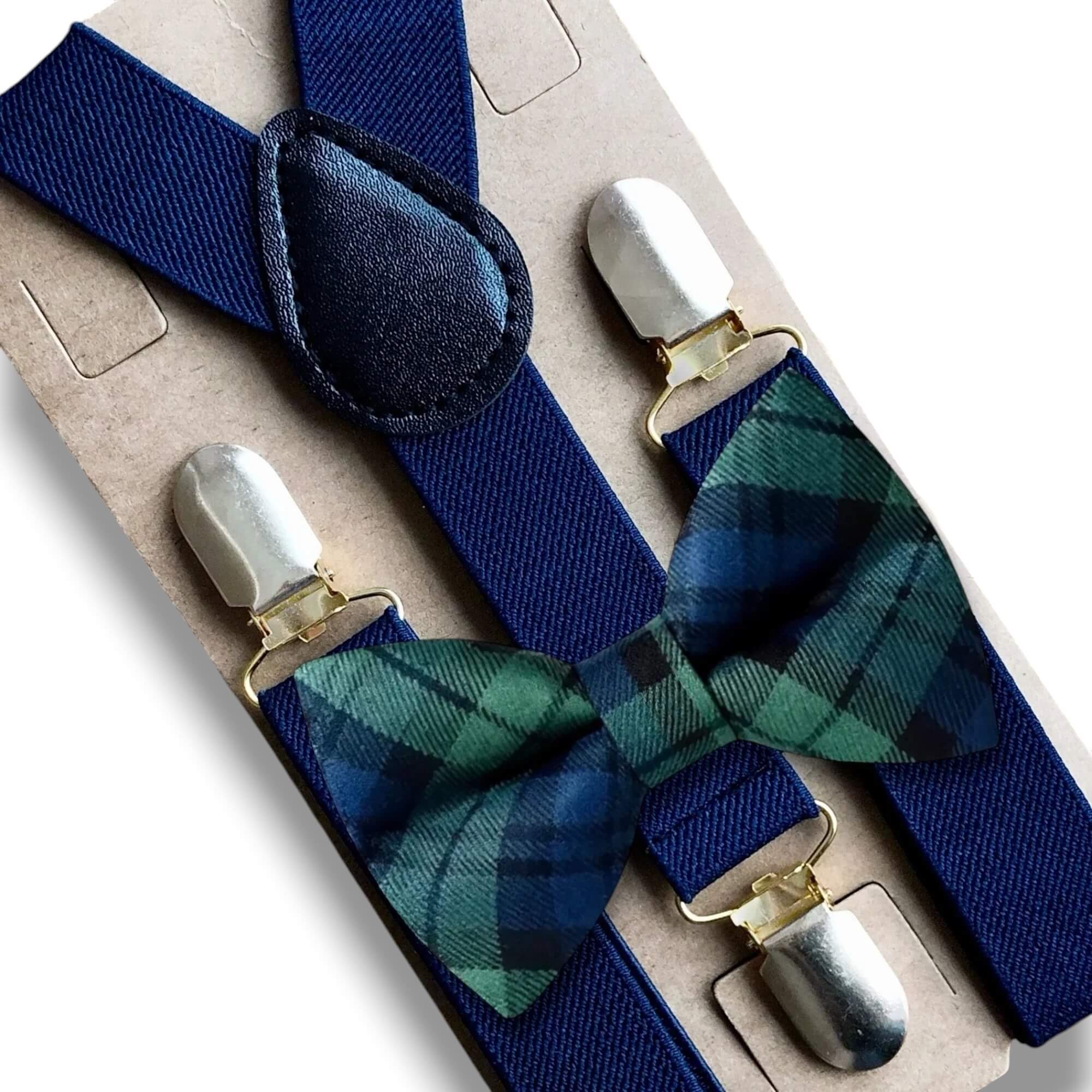 Navy plaid bow tie and suspenders for boys men and Christmas.
