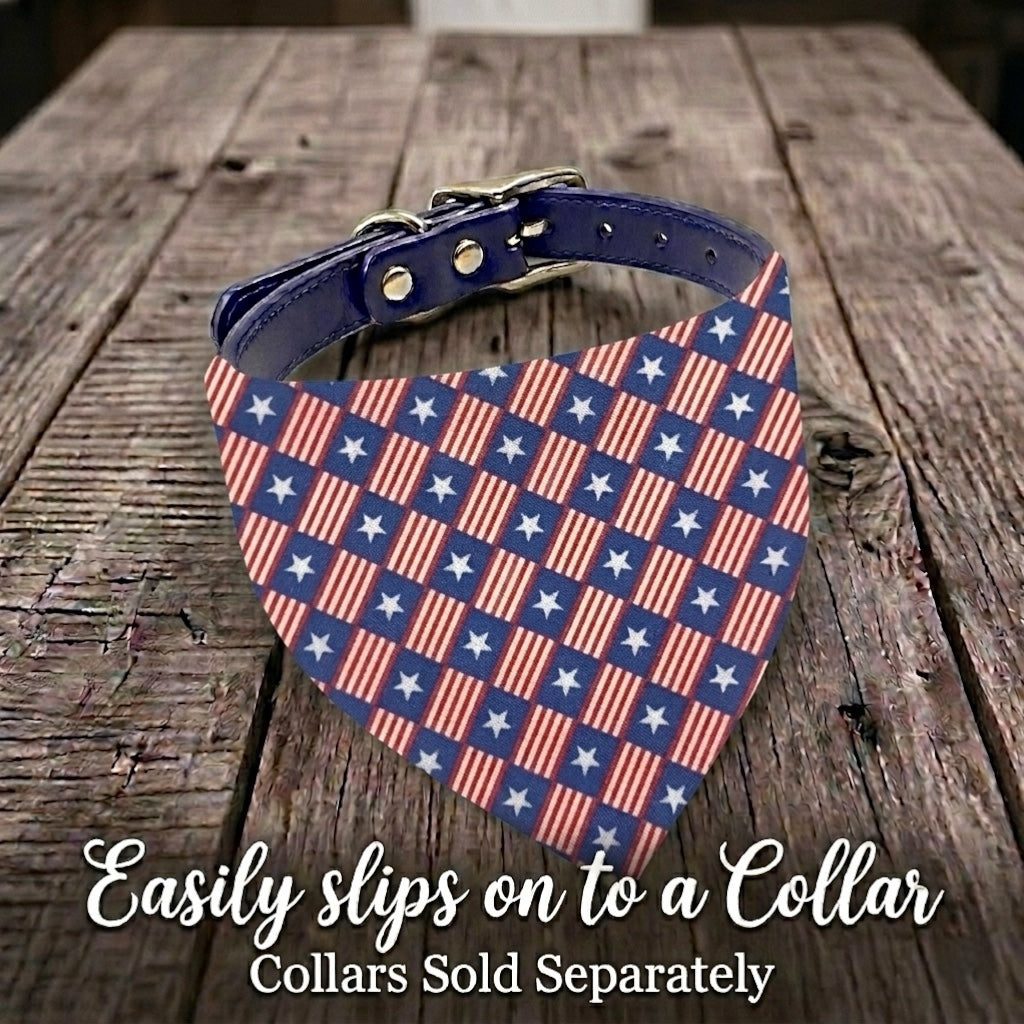 Red white and blue Dog bandana for 4th of July with American flag pattern on a wooden surface with a dog collar, collar sold separately.