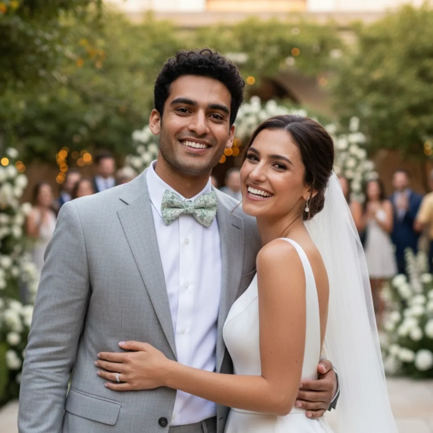 Sage bow tie worn by a groom with his bride at an outdoor wedding.