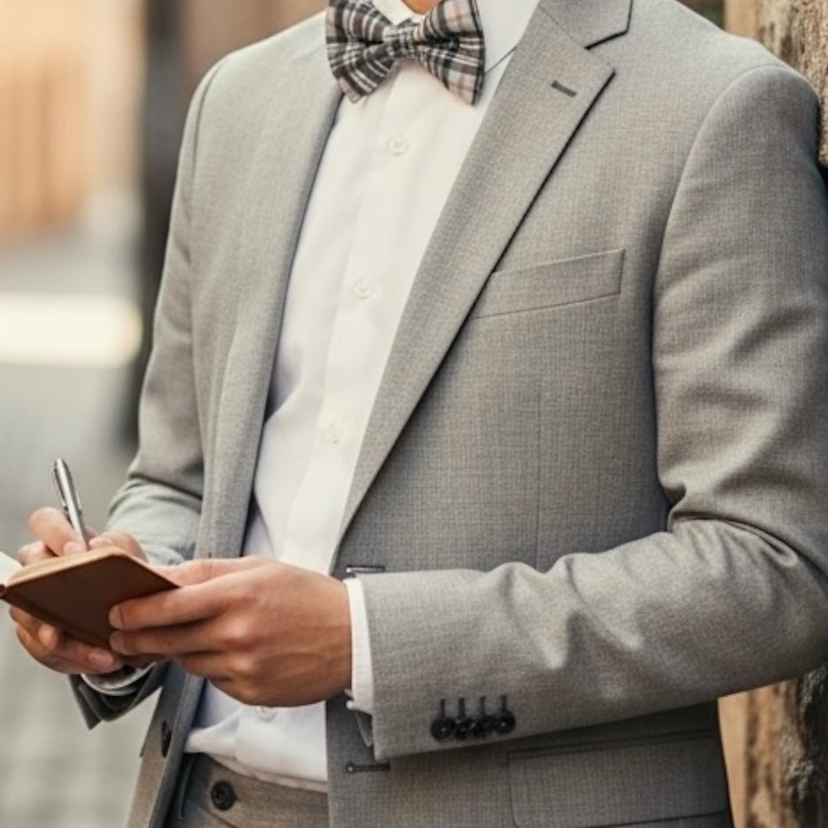 Man in a gray suit with a plaid bow tie holding a notebook.