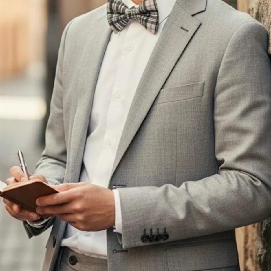 Man in a gray suit with a plaid bow tie holding a notebook.