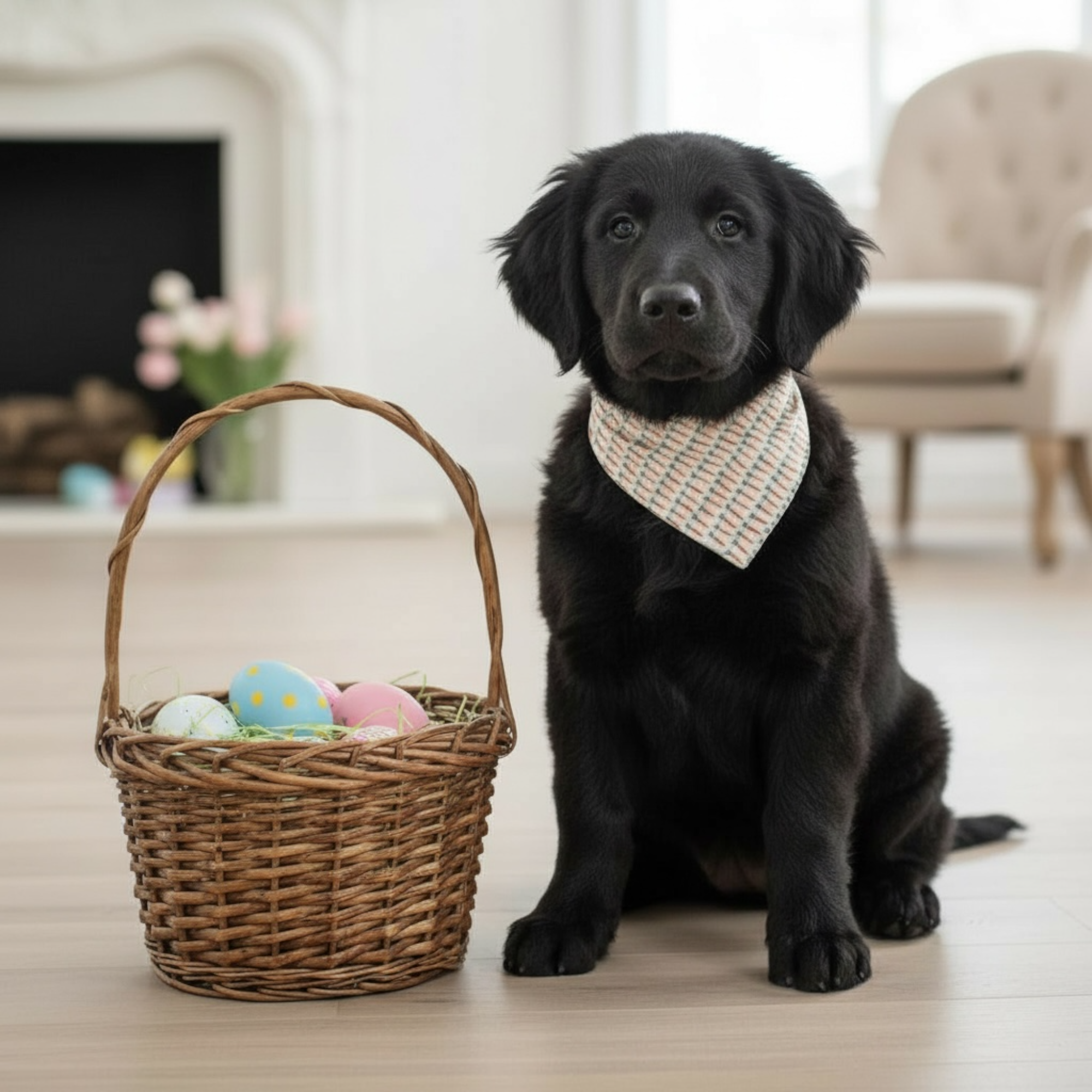 Black dog wearing an Easter dog bandana sitting next to an Easter basket filled with colorful eggs on a wooden floor.