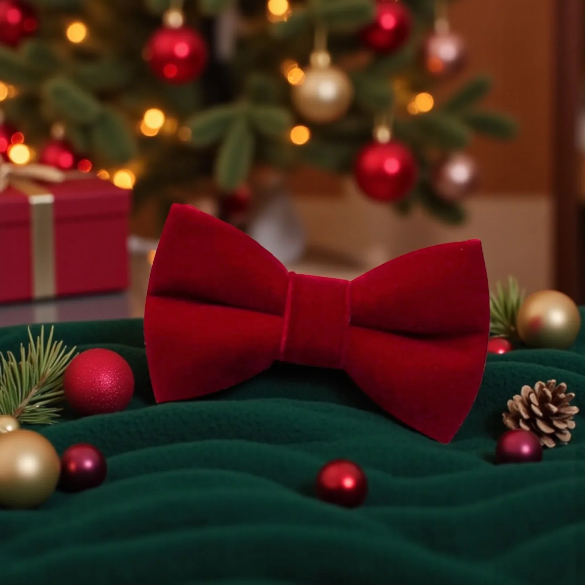 Velvet red bow tie on a green surface with Christmas decorations in the background