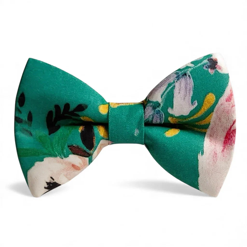 Teal bow tie with floral pattern for men.