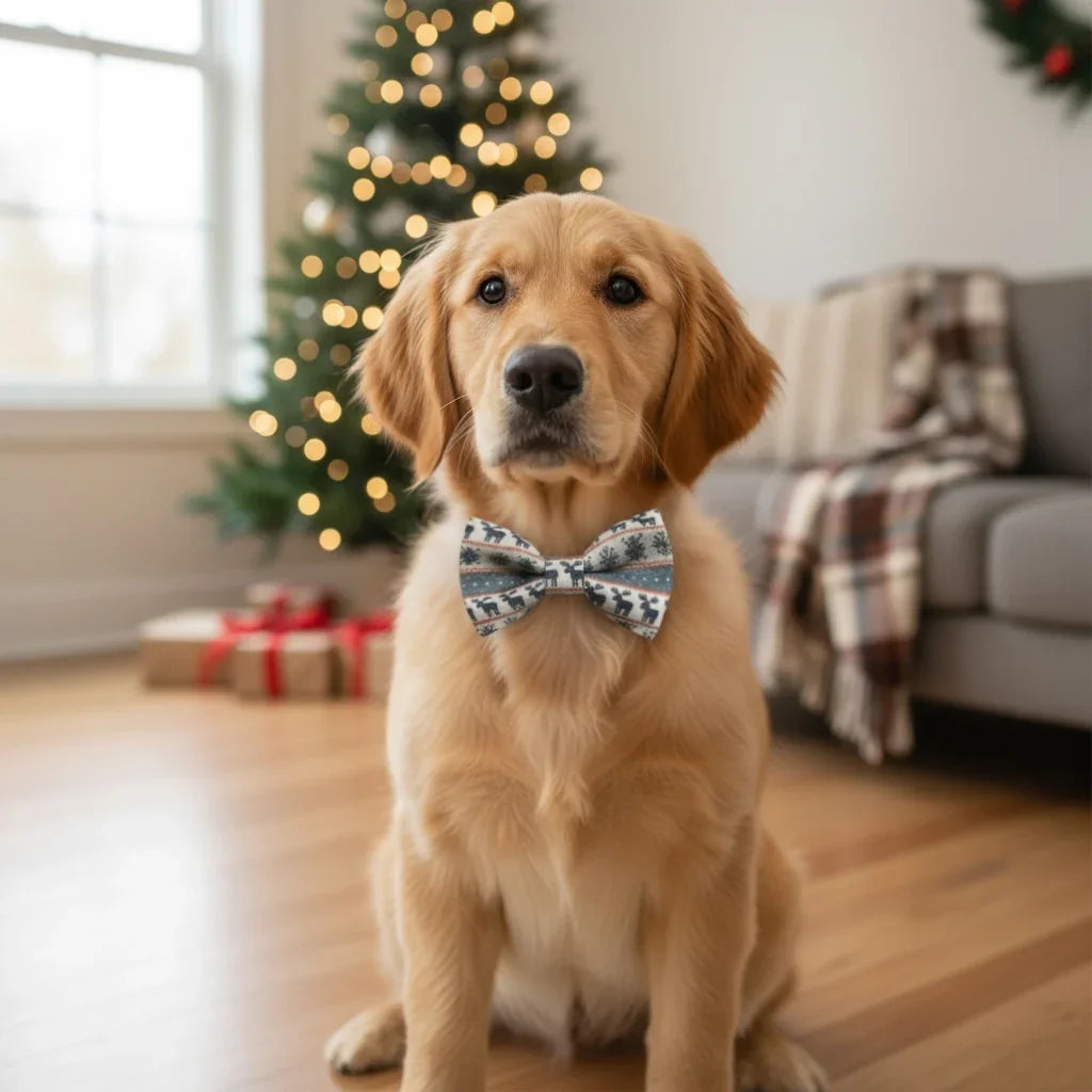 Puppy in a reindeer dog bow tie in front of a Christmas tree.