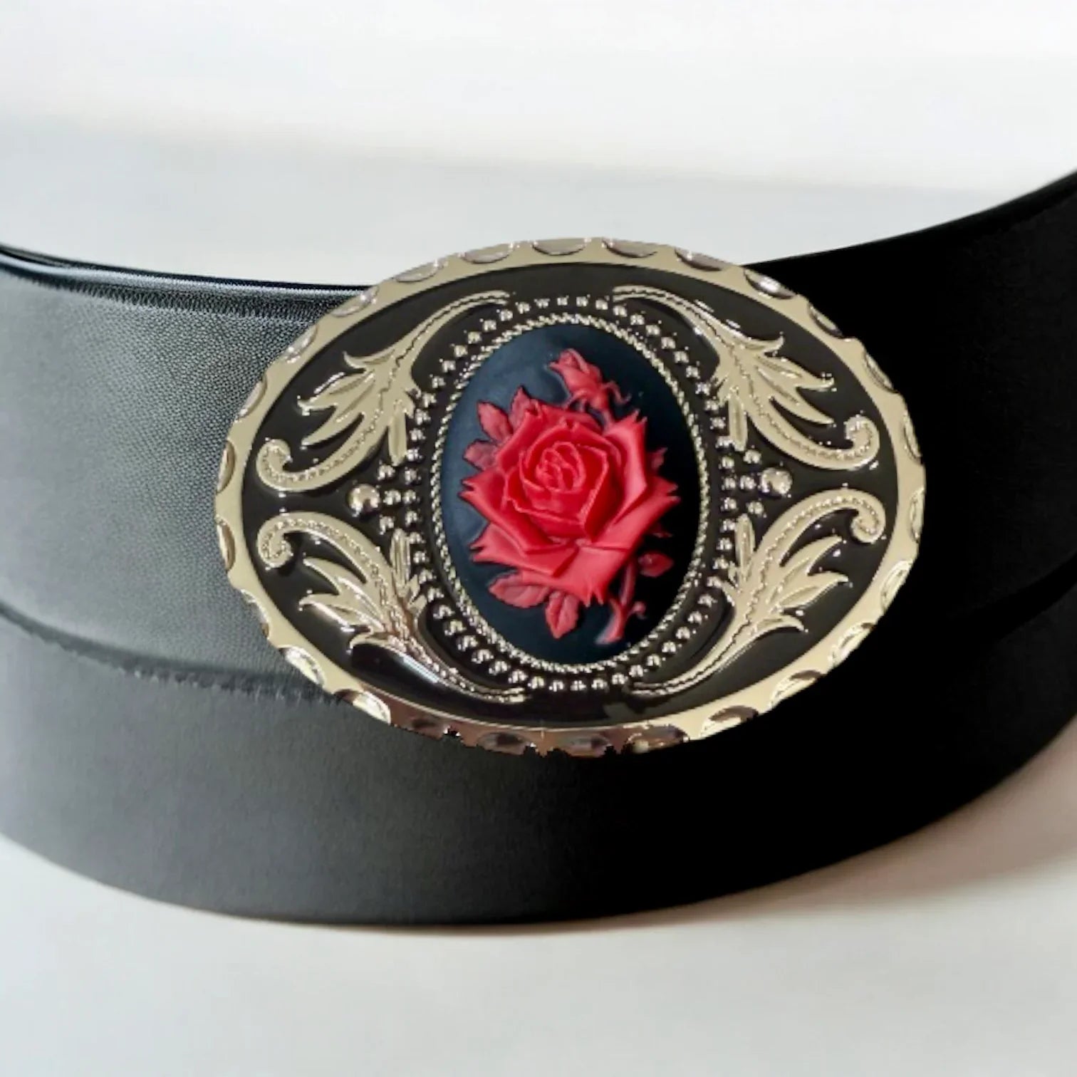 Belt buckle with red rose- Silver and Black- on a black leather belt