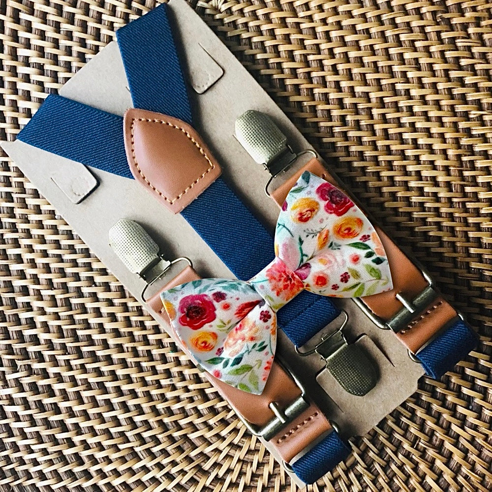 Handcrafted Pre Tied Cotton Bowknot Terracotta Wildflowers Navy Blue Faux Leather Straps Y Back Style Braces Metal Adjusters Rustic Boho Groom Outfit Set Vegan Materials Sustainable Fashion Accessories For Fall Ceremony