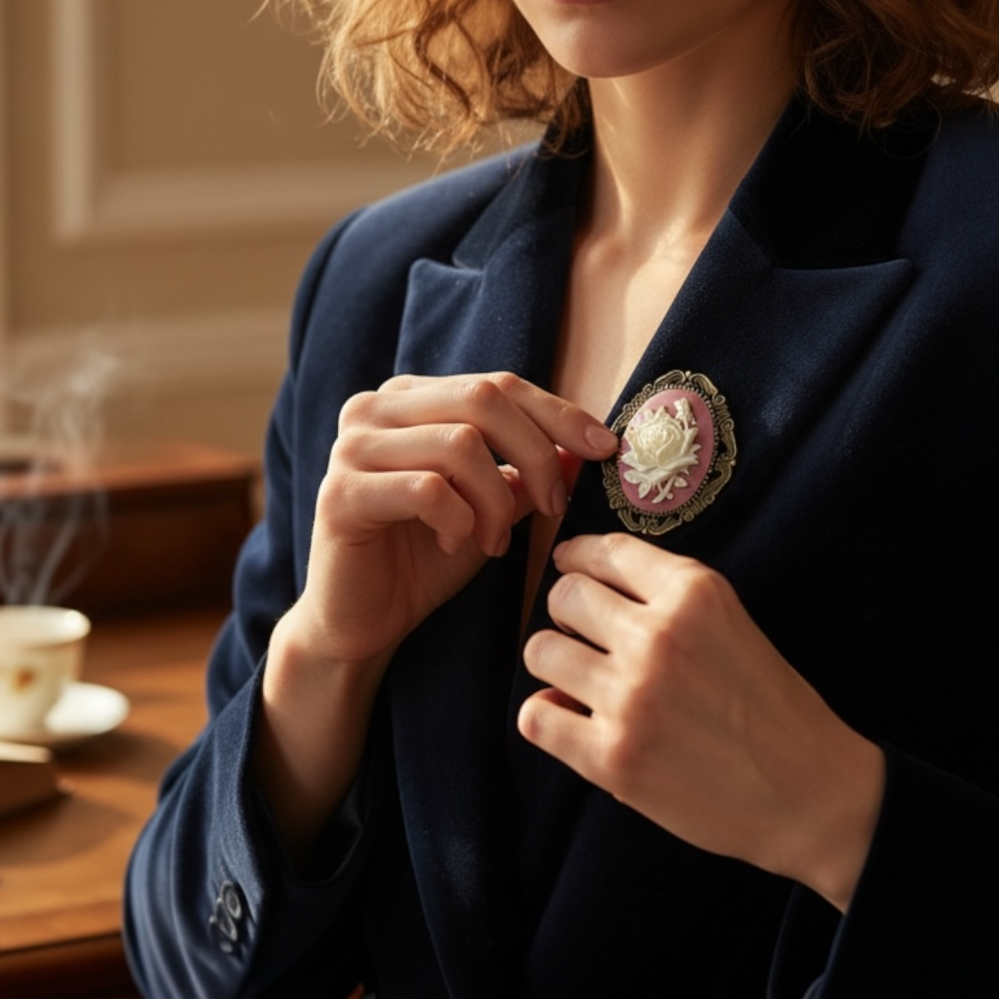 Person wearing a decorative floral brooch on a dark blue blazer with a blurred background