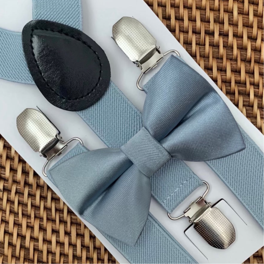 Dusty Blue Bow Tie & Dusty Blue Suspenders Set for wedding groomsmen or ring bearers.
