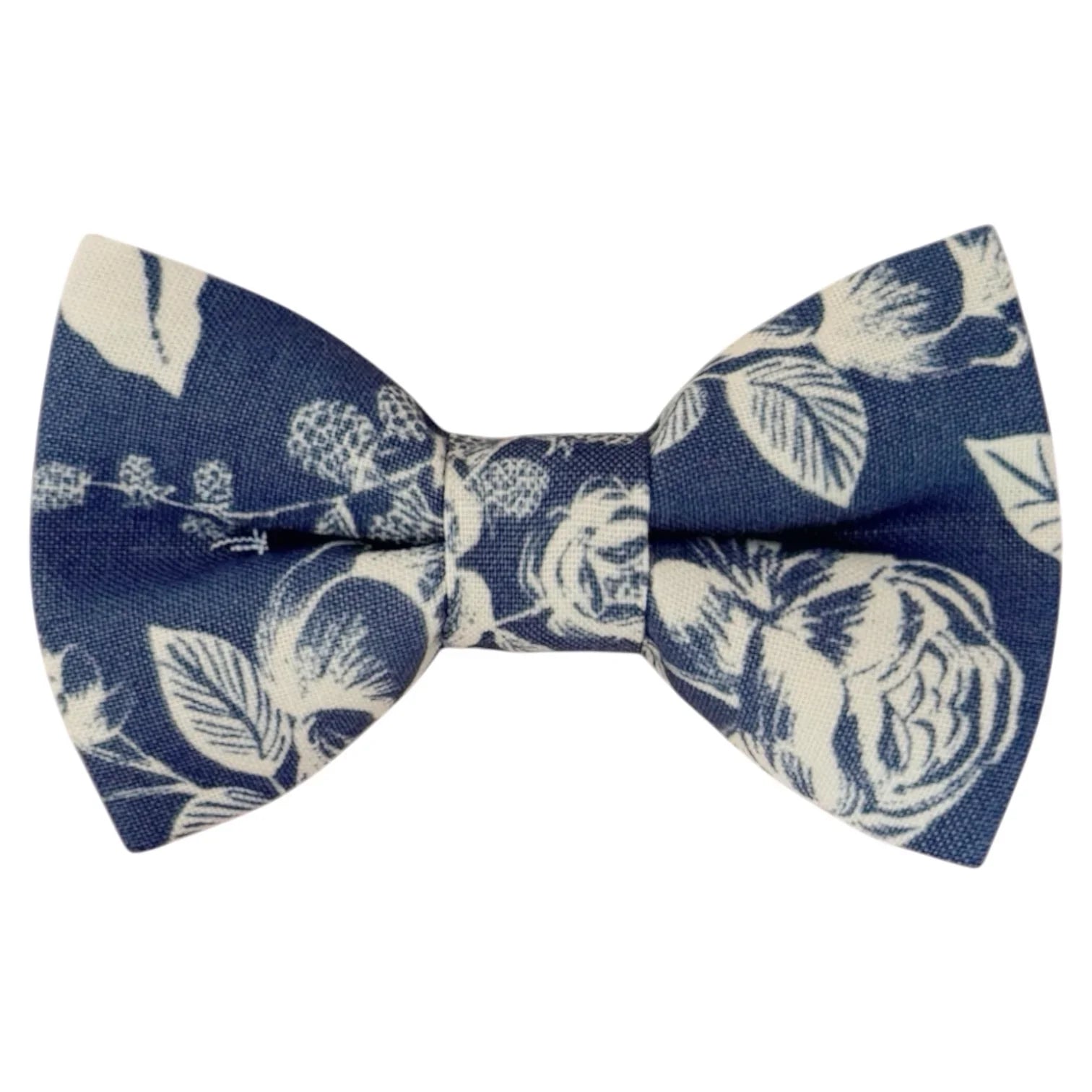 Steel blue bow tie with white floral pattern on a white background