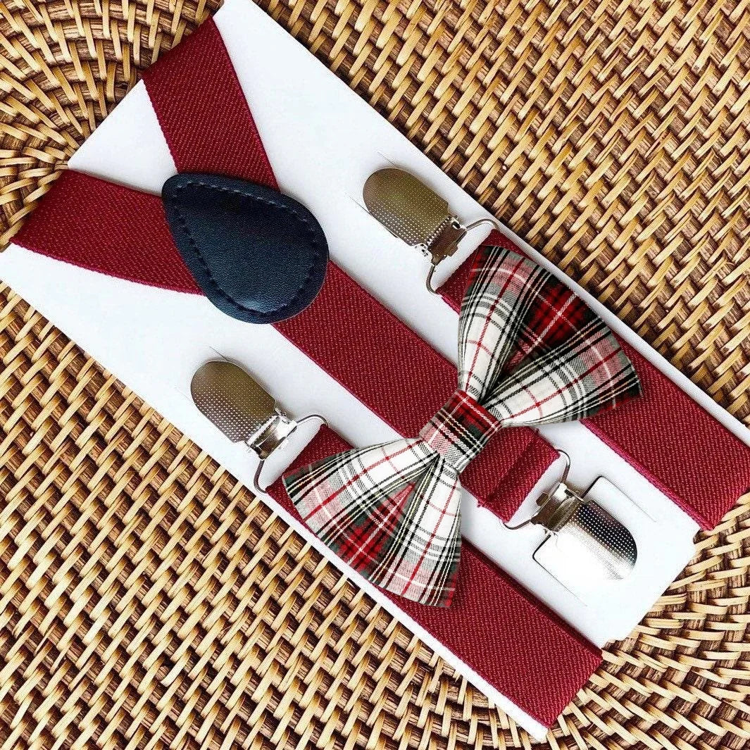 Burgundy bow tie and suspenders- plaid.