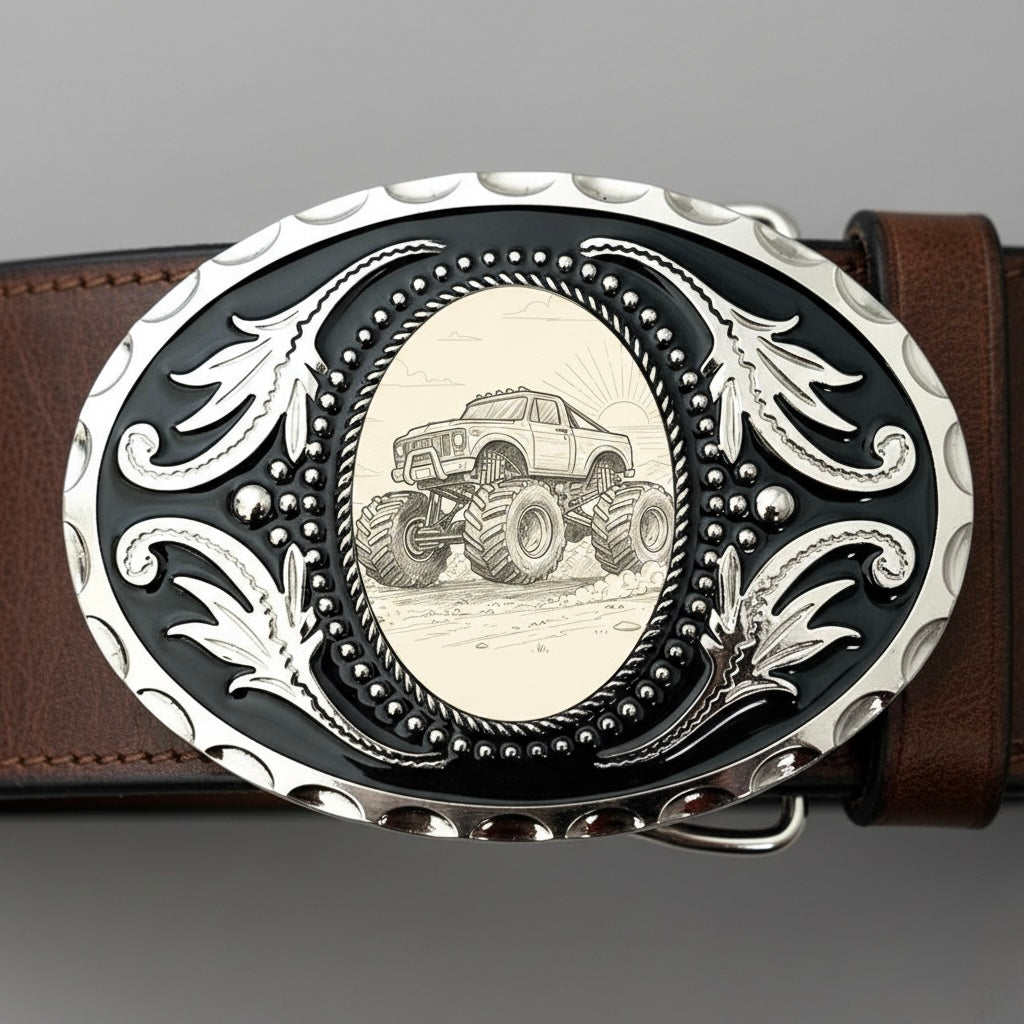 Close-up of a silver-tone Western buckle featuring a monster truck engraving and ornate border scrollwork, made in America.