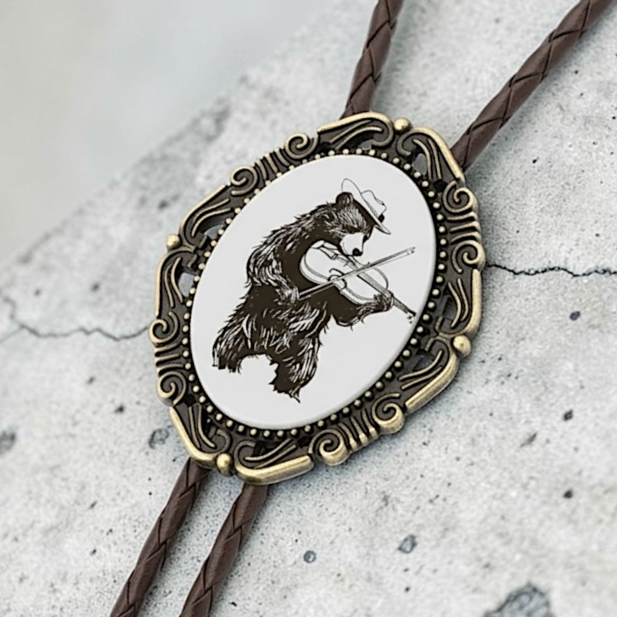 Bear Playing Violin Bolo Tie Black Brown Genuine Leather Silver Brass Tips USA Handmade