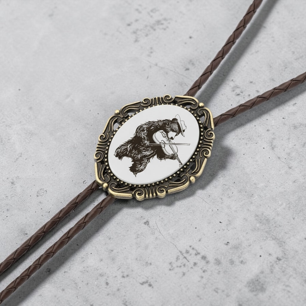 Bear Fiddle Player Bolo Tie Genuine Leather Black Brown Silver Brass Tips Western Wedding Accessory