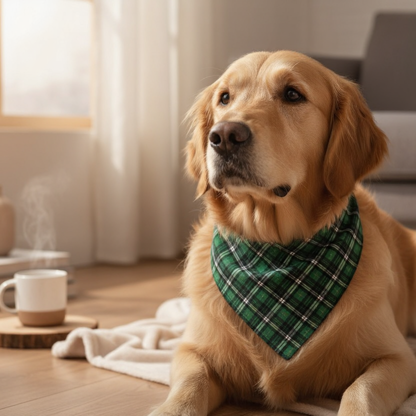 Dog wearing a green plaid bandana sitting on a wooden floor with a cozy living room background.