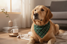 Dog wearing a green plaid bandana sitting on a wooden floor with a cozy living room background.