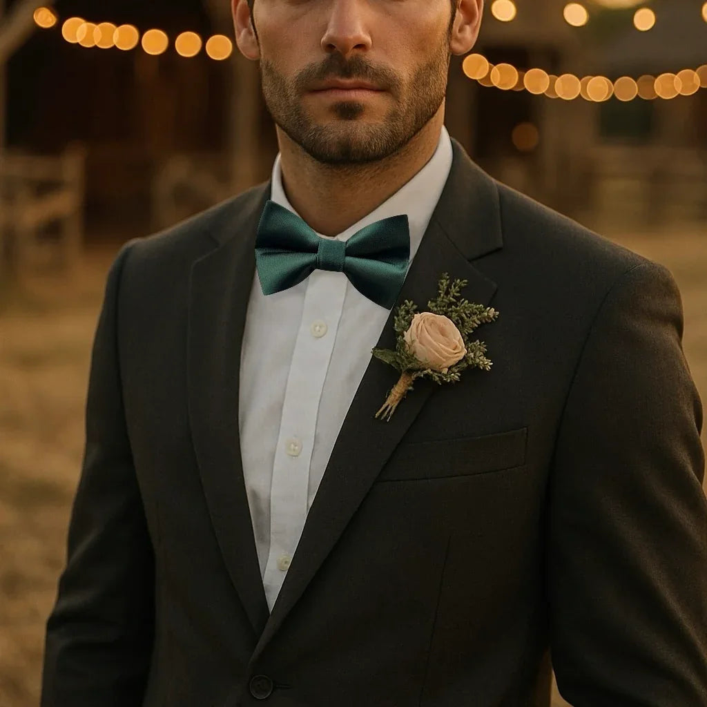 Emerald green bow tie for men worn by a groomsman at a wedding.