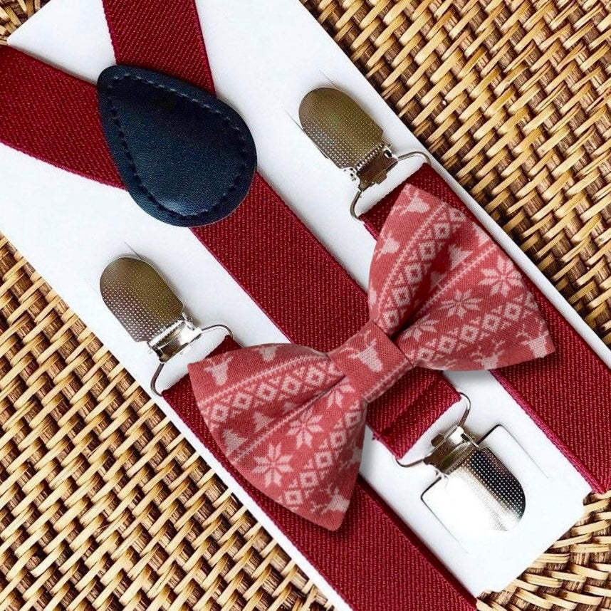 Reindeer Sweater Bow Tie & Burgundy Suspenders Set for Christmas