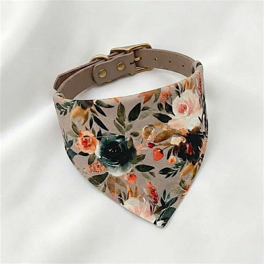 Taupe Floral dog bandana with a beige collar on a white background