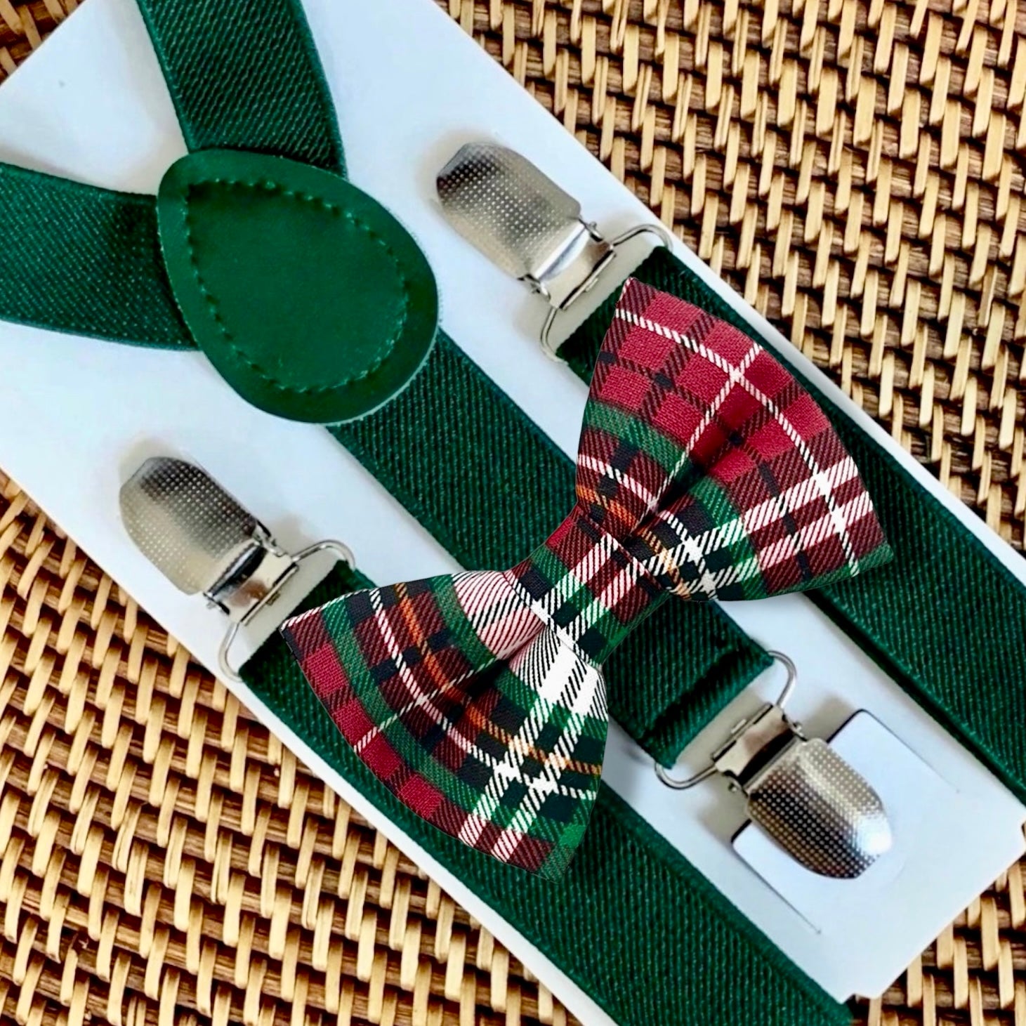 Plaid Christmas Bow Tie & Emerald Green Suspenders Set