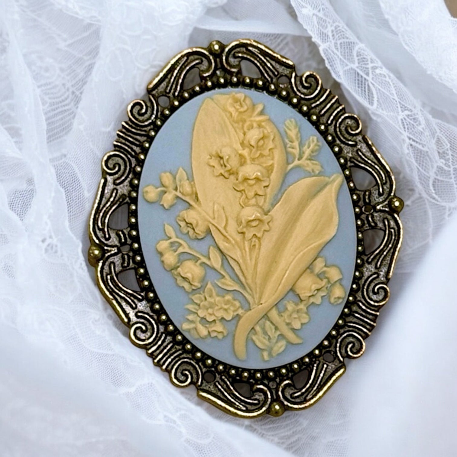 Lily of the Valley Brooch, Light Blue May Flower Cameo Brooch