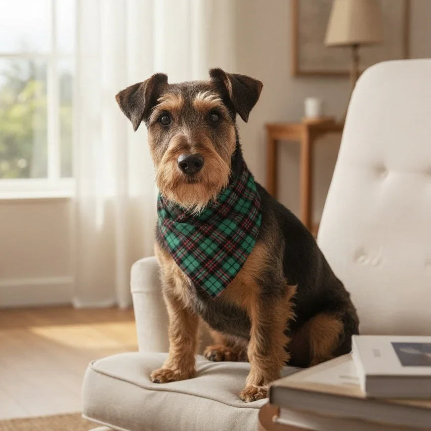 Red and green dog bandana for winter on a dog sitting on a chair.