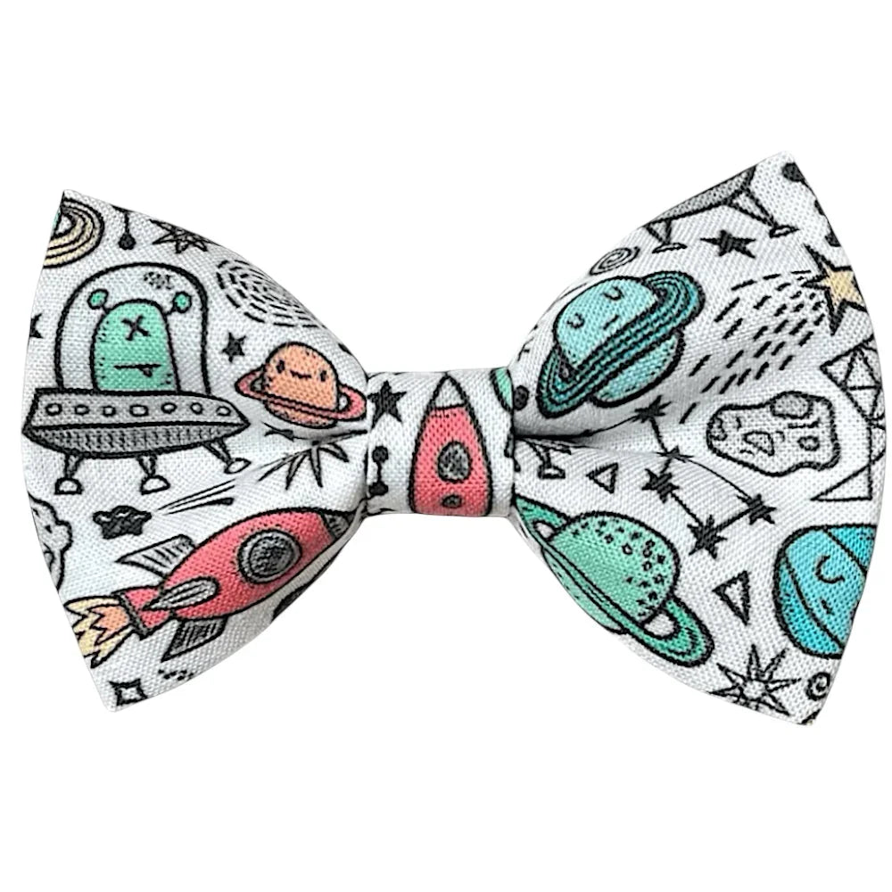 Space Bow tie for men and toddlers and children with white background and colorful space doodles.
