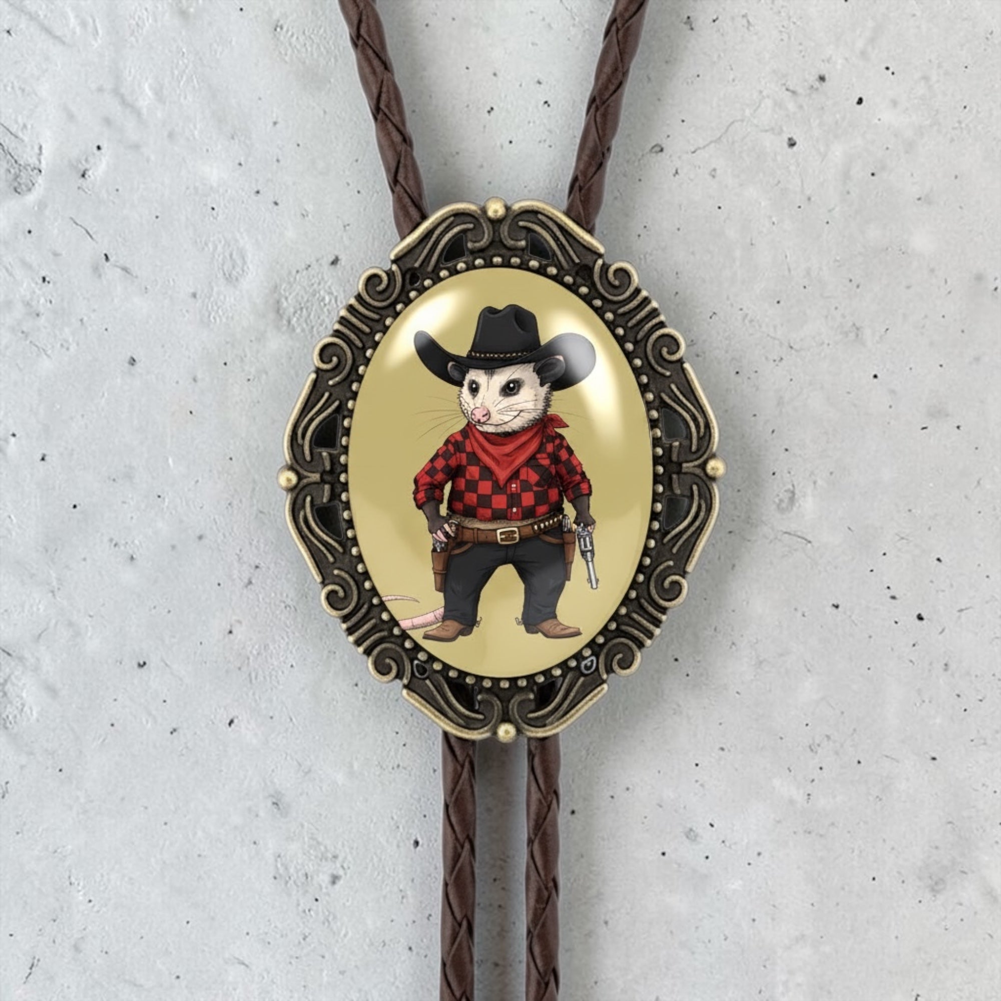 Opossum Bolo Tie Genuine Leather Cord Silver Brass Tips Western Wedding Groomsmen Gift