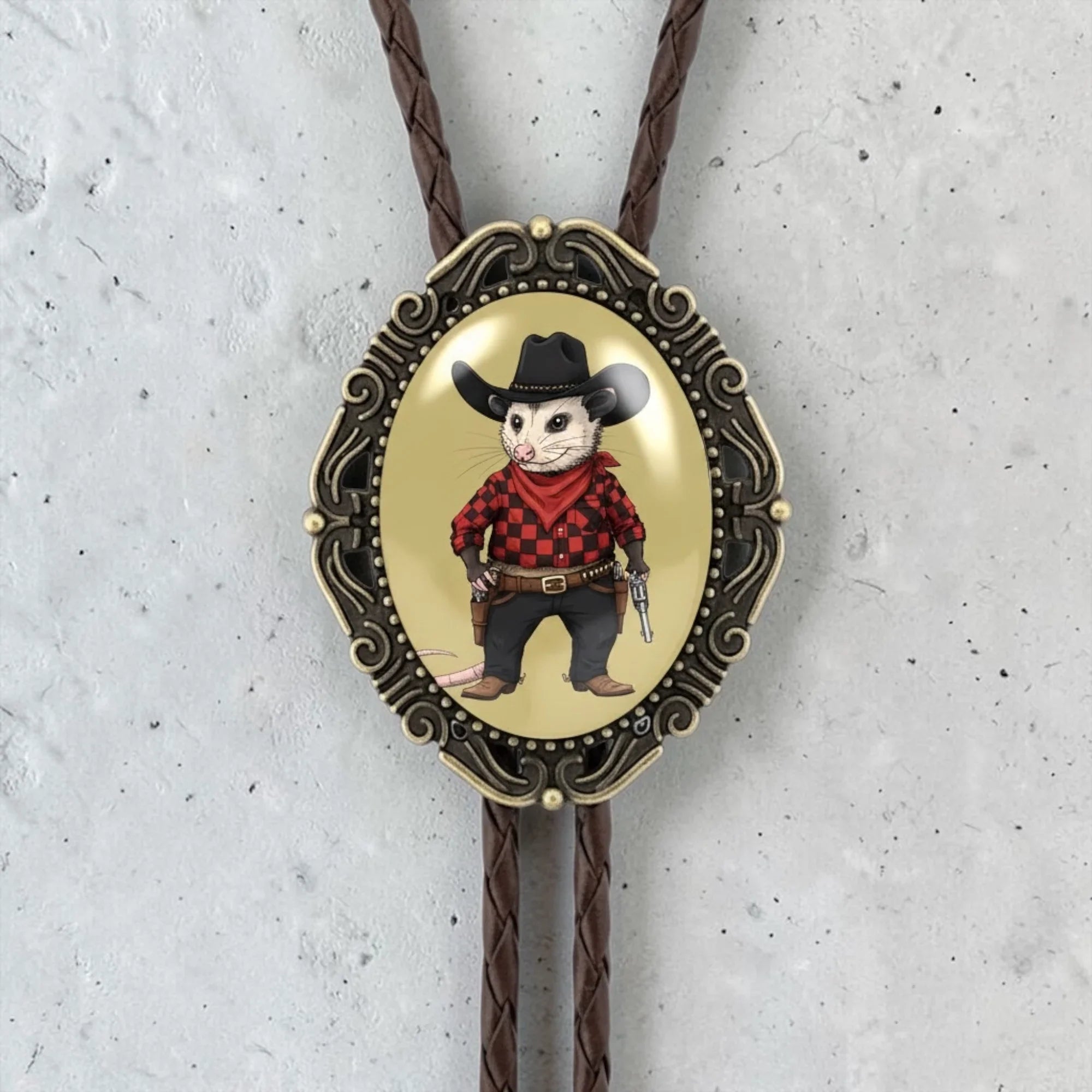 Opossum Bolo Tie Genuine Leather Cord Silver Brass Tips Western Wedding Groomsmen Gift