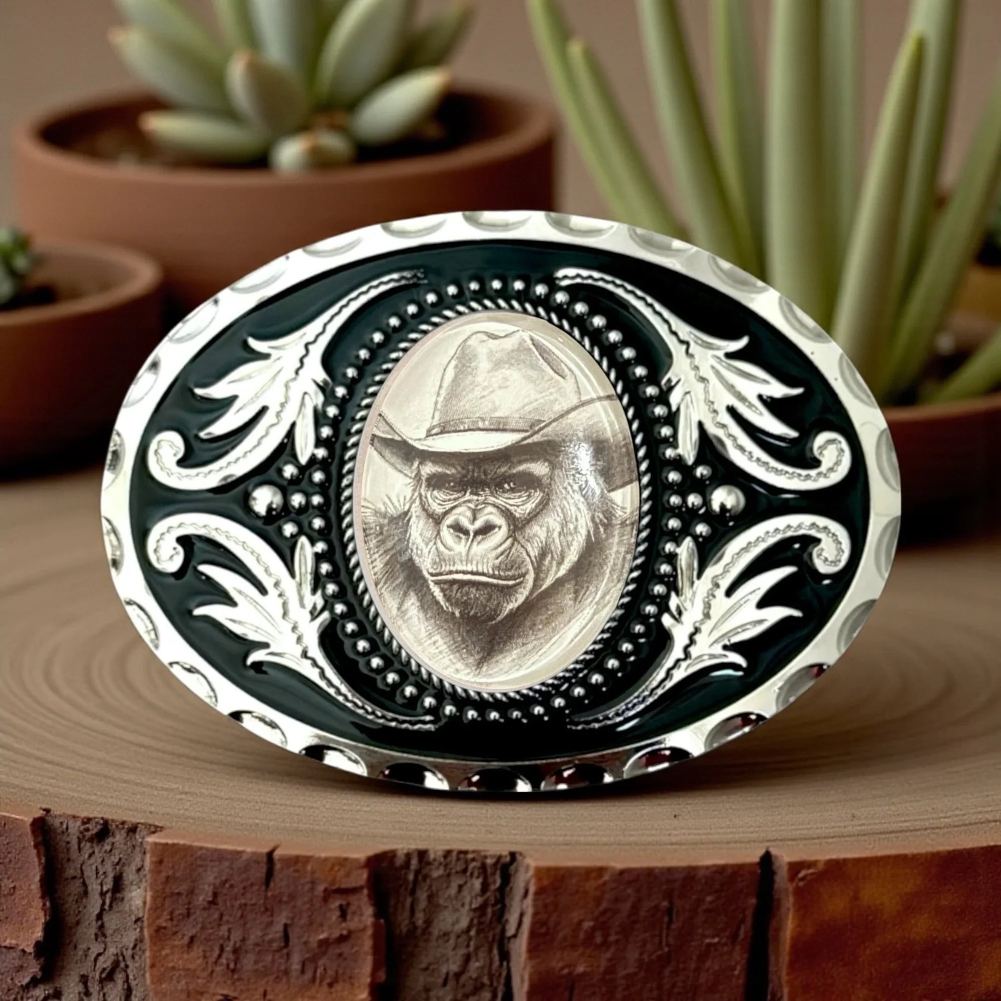 Belt buckle with funny cowboy gorilla face.