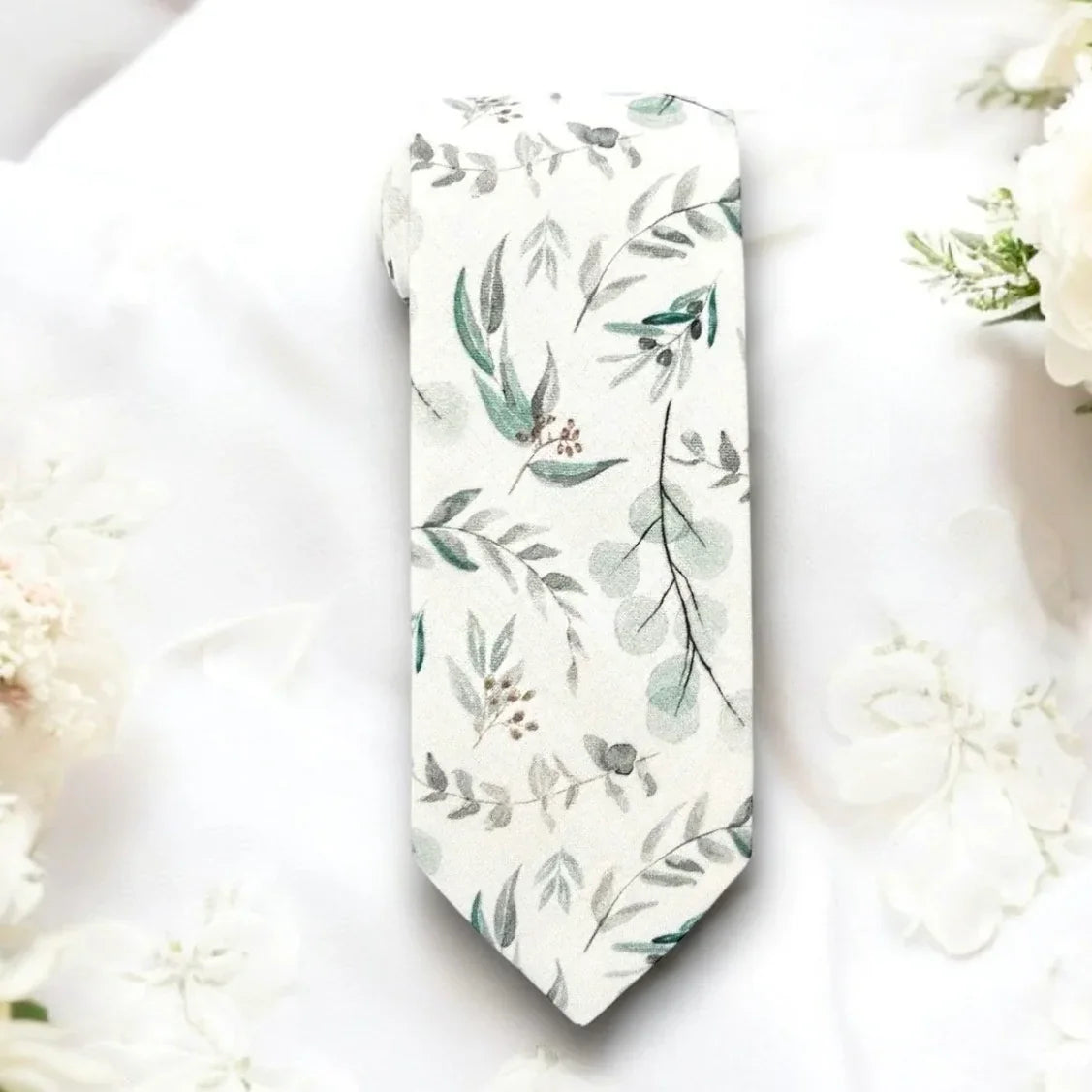 Floral mens tie on a white background with flowers