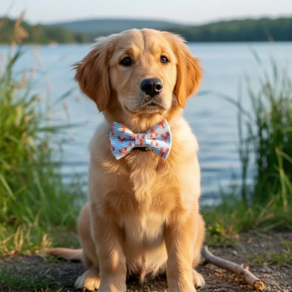 Dog wearing a preppy lobster dog bow tie sitting by a lake with grass and water in the background